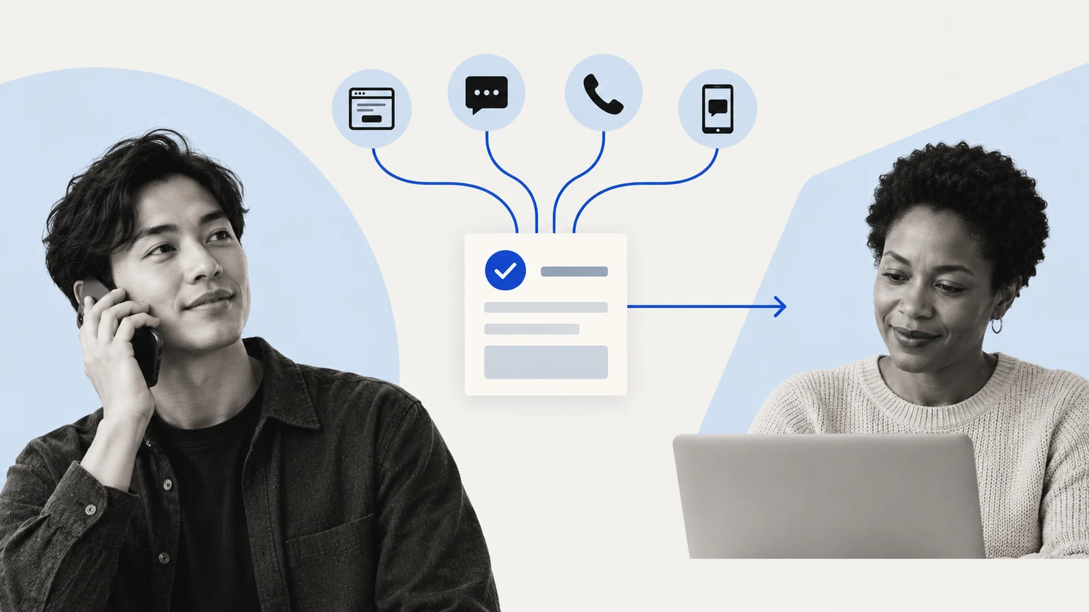 A photographic collage illustrating a conversation and its connected communication channels.
