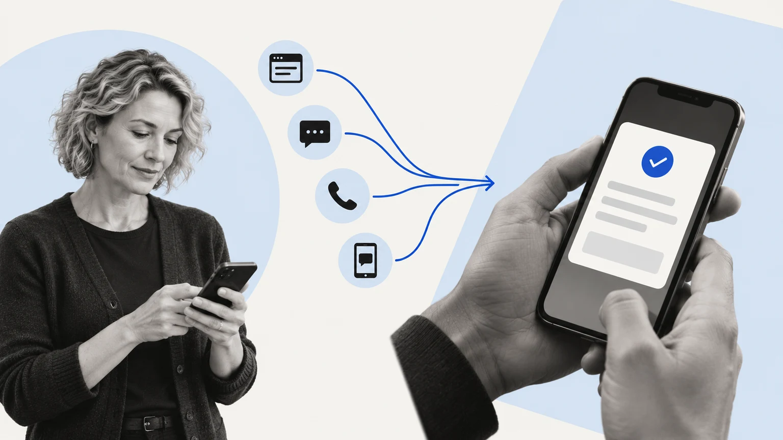 A completed request and a person at work, composed in grayscale with blue connections.