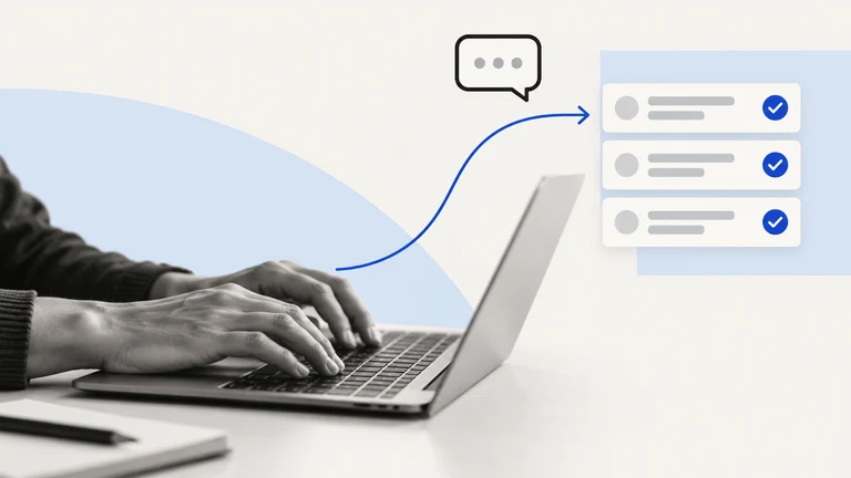 Hands at a laptop with blue connections illustrating work with the assistant.