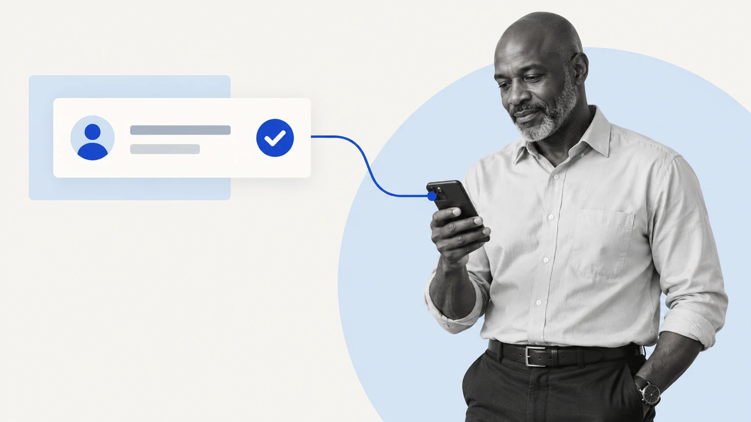 A team member receives a request through a blue connected path in a grayscale photographic composition.